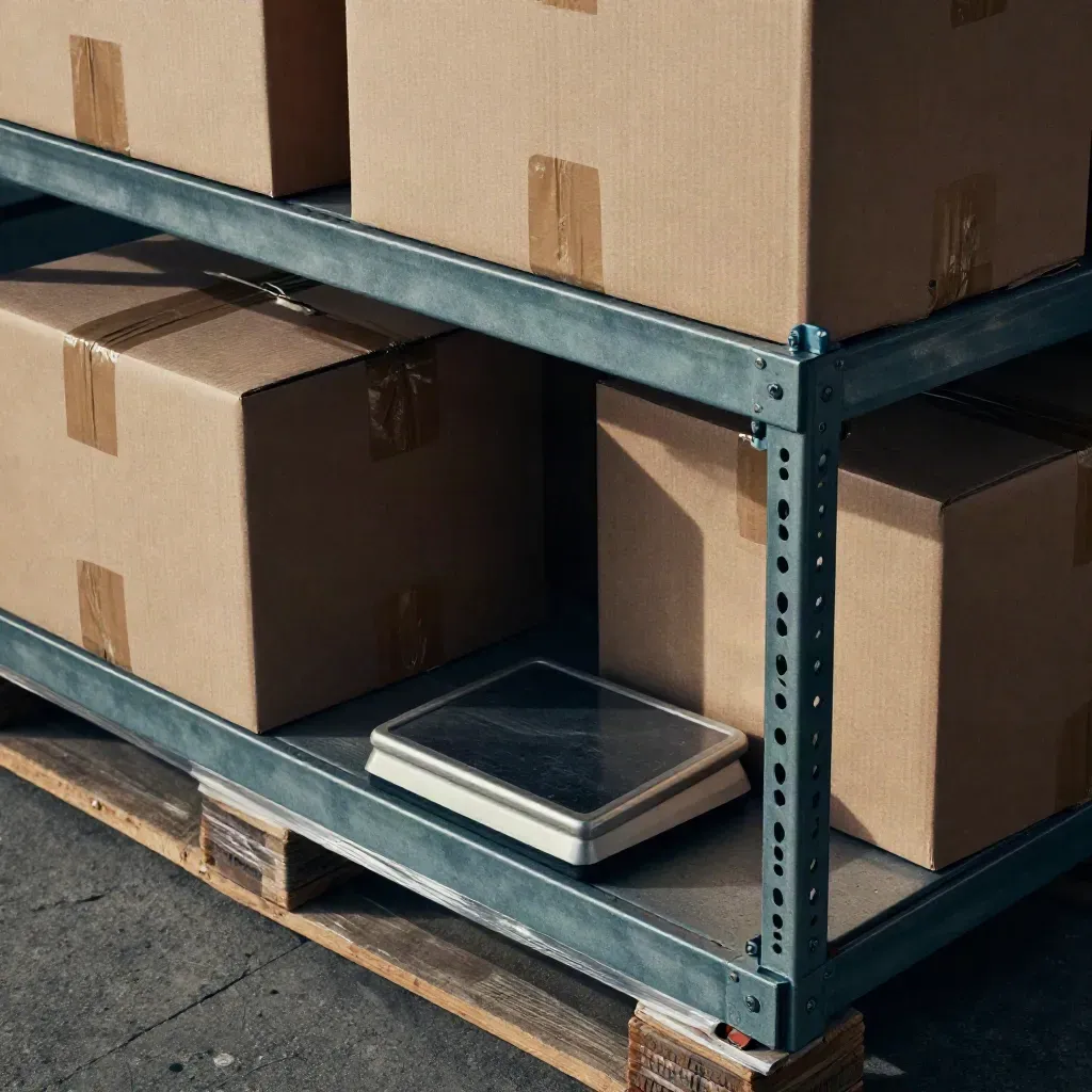 Parcel corners, shelf brackets, and a shipping scale on dark concrete in dramatic dock light.