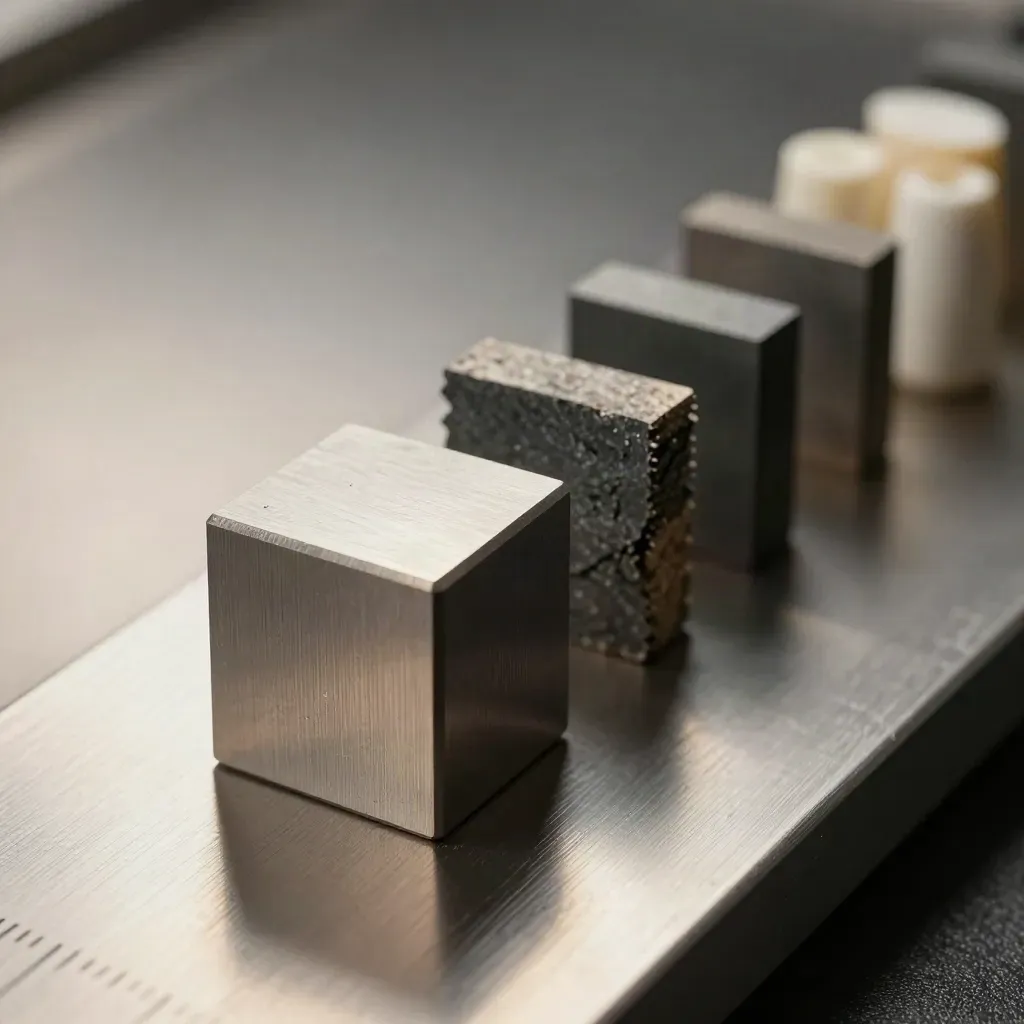 Macro still life of precision alloy blocks, ceramic gauge pins, and graphite chips on brushed metal.