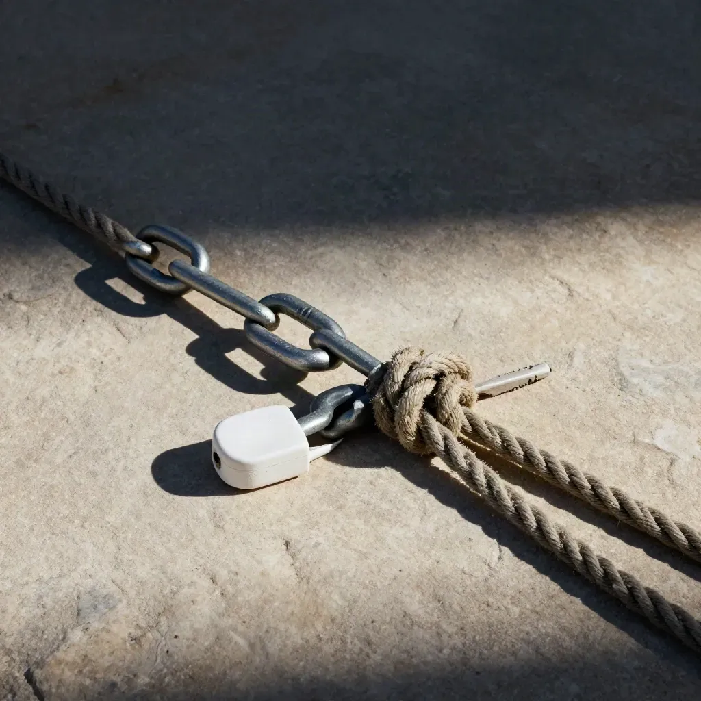 Galvanized rigging shackles, coiled rope and a cargo seal on pale stone in dramatic low light.