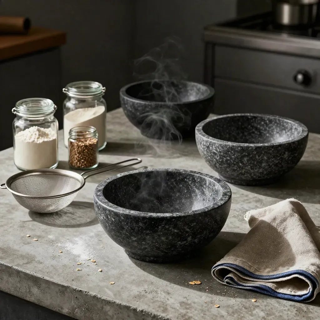 Stone bowls, jars, and sieve on concrete in moody food-editorial light
