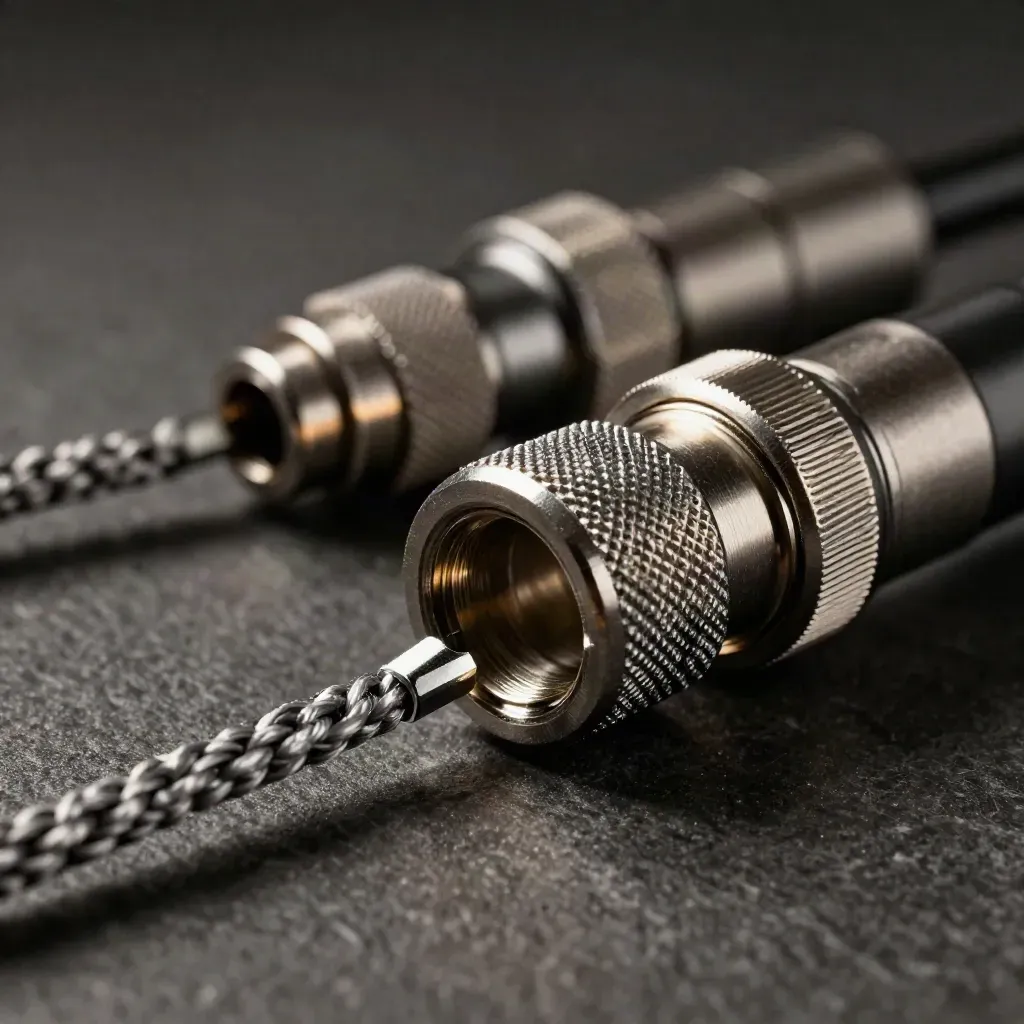 Macro of braided adapter leads and quick-release couplers mid-latch on a dark metal surface.