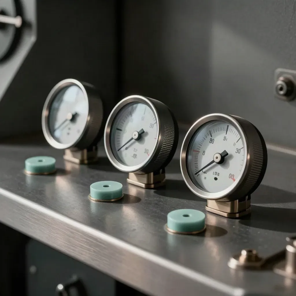 Three industrial gauges and a slim teal indicator puck on a dark graphite surface.