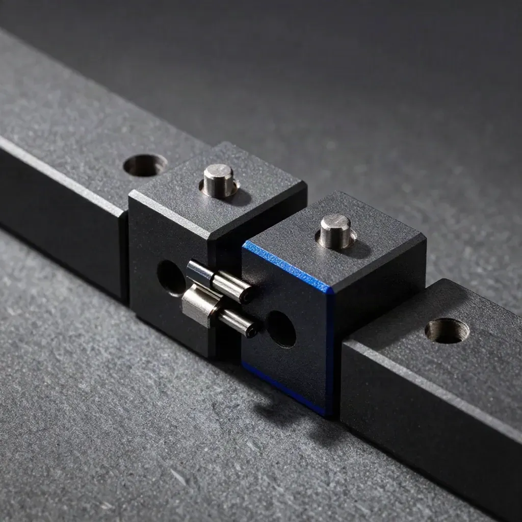 Macro of matte-black modular workflow blocks with alignment pins on graphite stone.