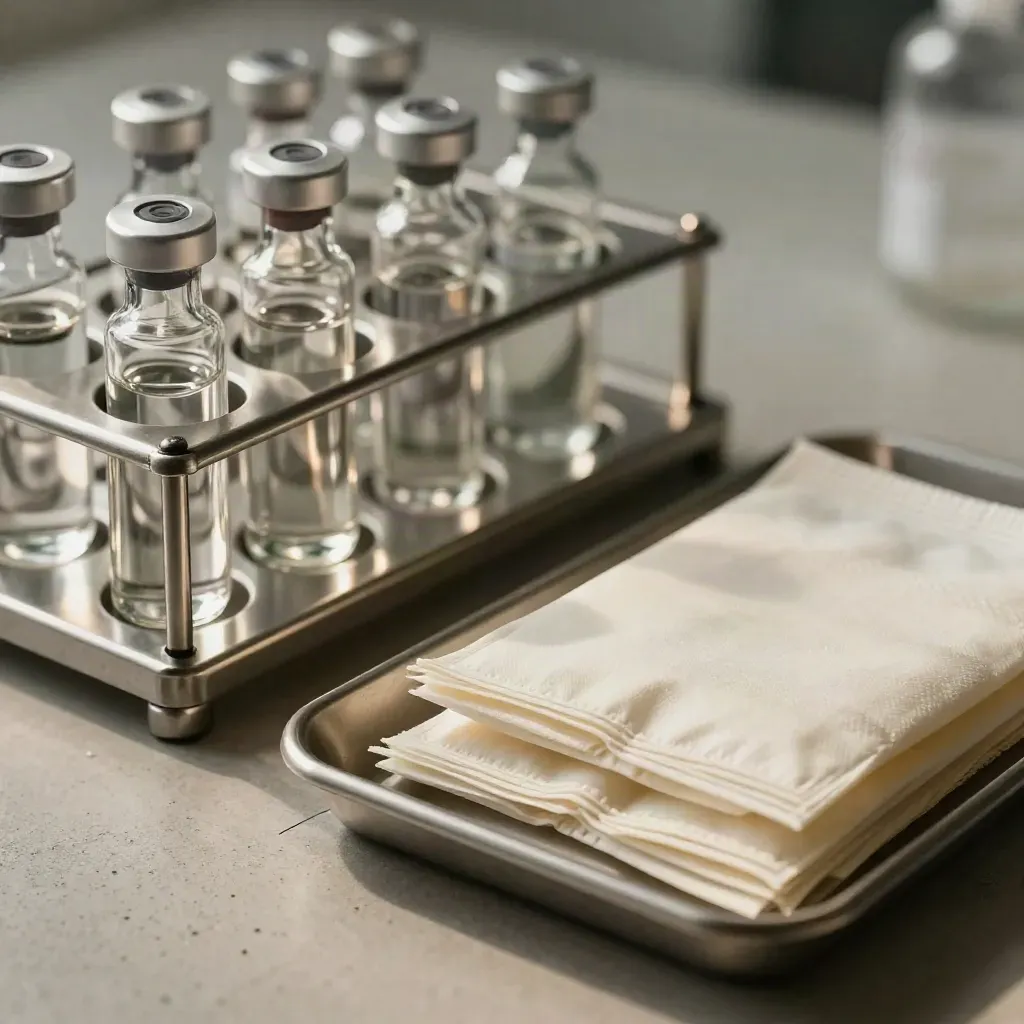 Macro of sealed glass vials, steel rack, tray edge, and gauze on a sterile clinical counter.