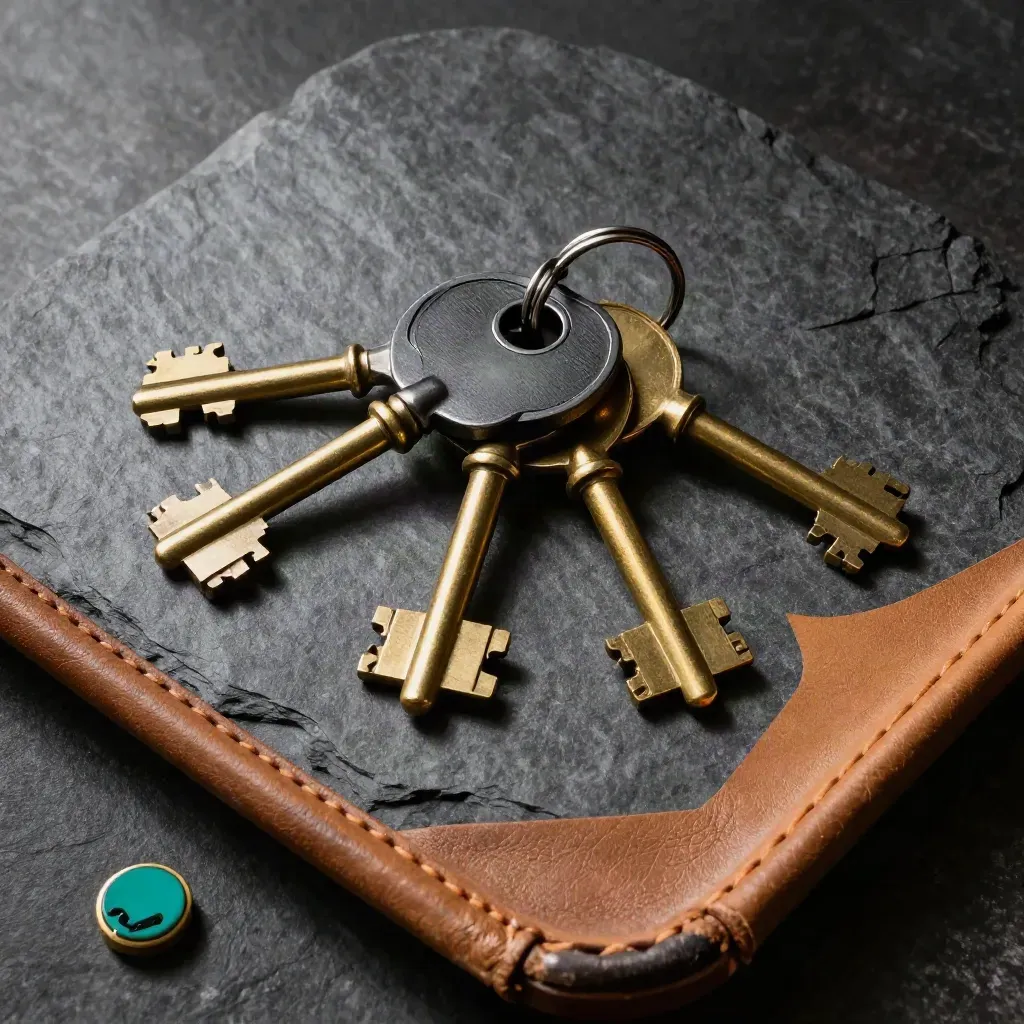 Brass safe keys, matte token and leather tray in dramatic overhead low-key light.