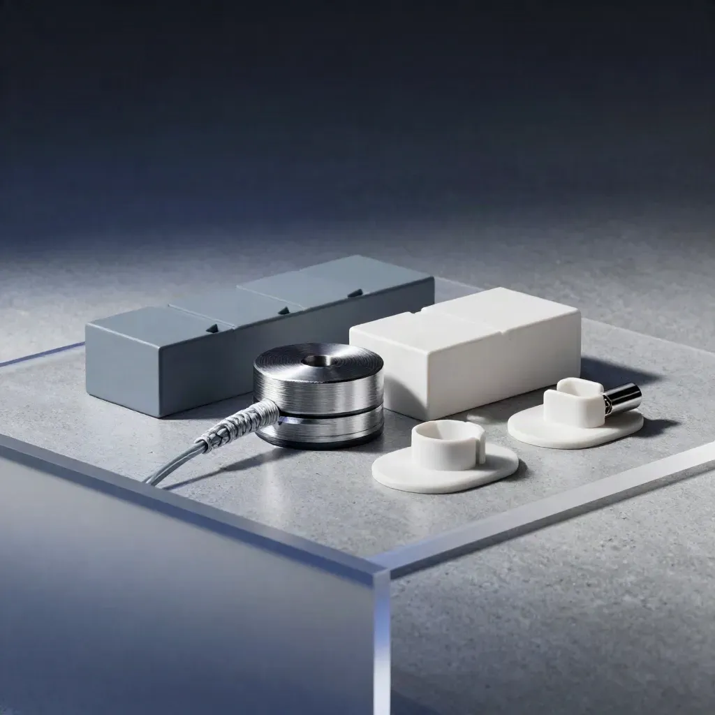 Startup prototype blocks, hub puck, and cable wraps on concrete, seen through frosted acrylic.