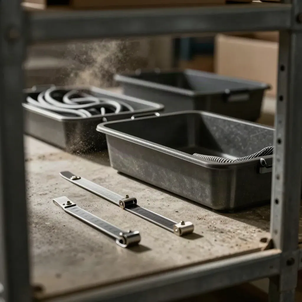 Macro of warehouse tote trays, cable sleeves, and route clips behind a blurred metal rack.