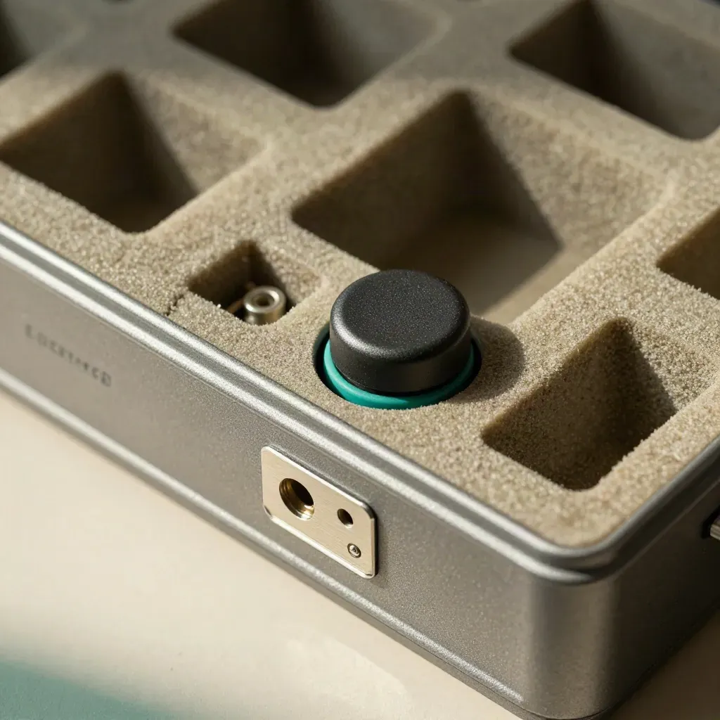 Opened modular kit boxes with foam inserts and a matte puck on concrete, lit in a dark macro still life.