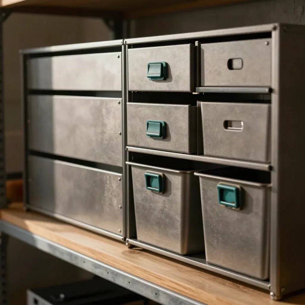 Stacked modular drawers and connector blocks seen through a conduit frame in a hazy workshop.
