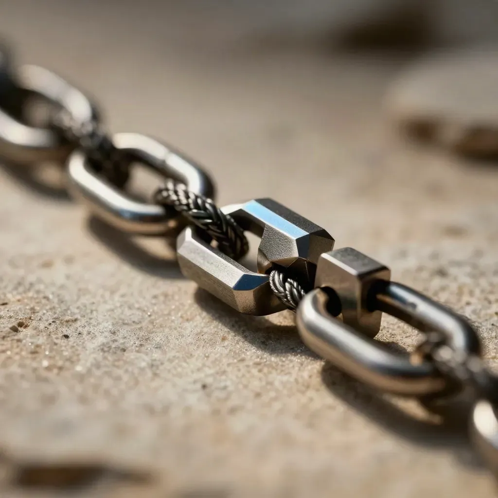 Macro still life of linked metal rings, machined blocks and a braided jumper on graphite stone.