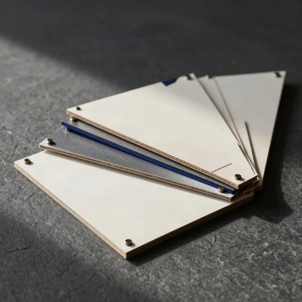 Paperboard modules and magnetic connectors arranged diagonally on a dark stone surface.