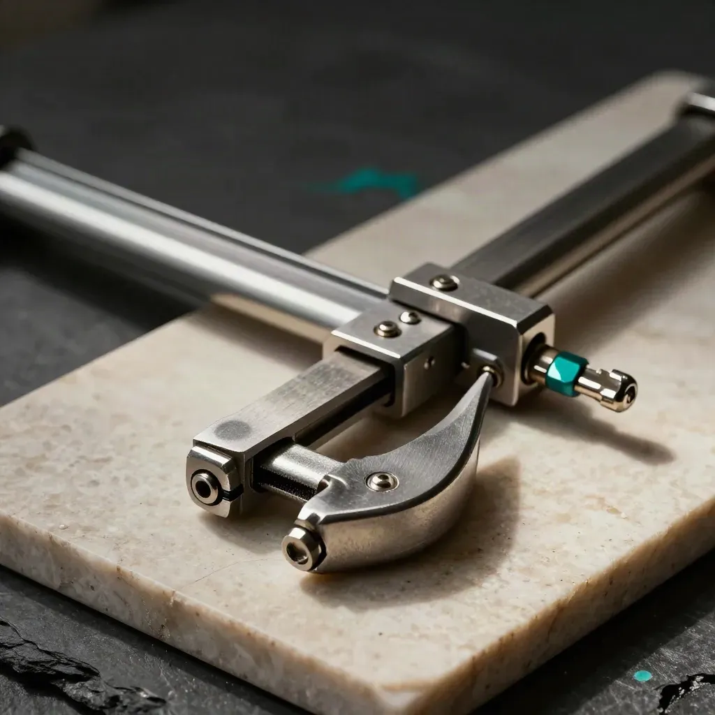Precision clamps, hex spacers and a brushed rail on limestone with dramatic side light
